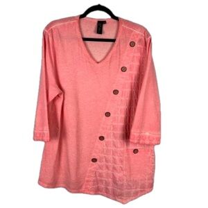 Focus Casual Life Lagenlook Cotton Pink V Neck 3/4 Sleeve Top Medium